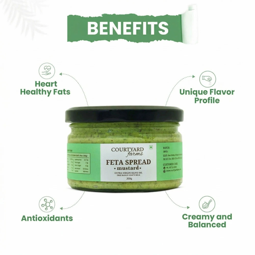 Jar of feta spread with green label on a white background, highlighting benefits.