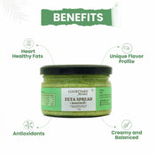 Jar of feta spread with green label on a white background, highlighting benefits.