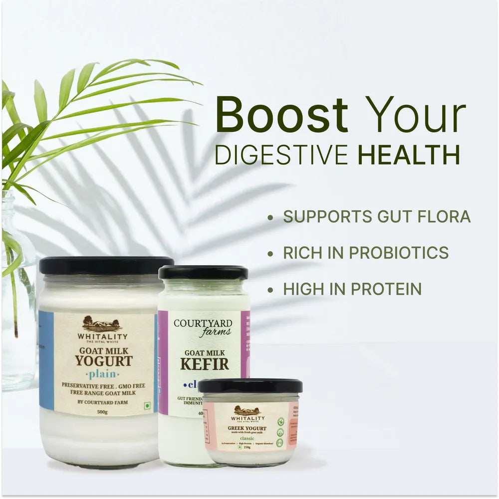 Three containers of Courtyard Farmstead yogurt and kefir with text promoting digestive health benefits on a light background.