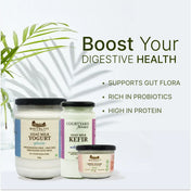 Three containers of Courtyard Farmstead yogurt and kefir with text promoting digestive health benefits on a light background.