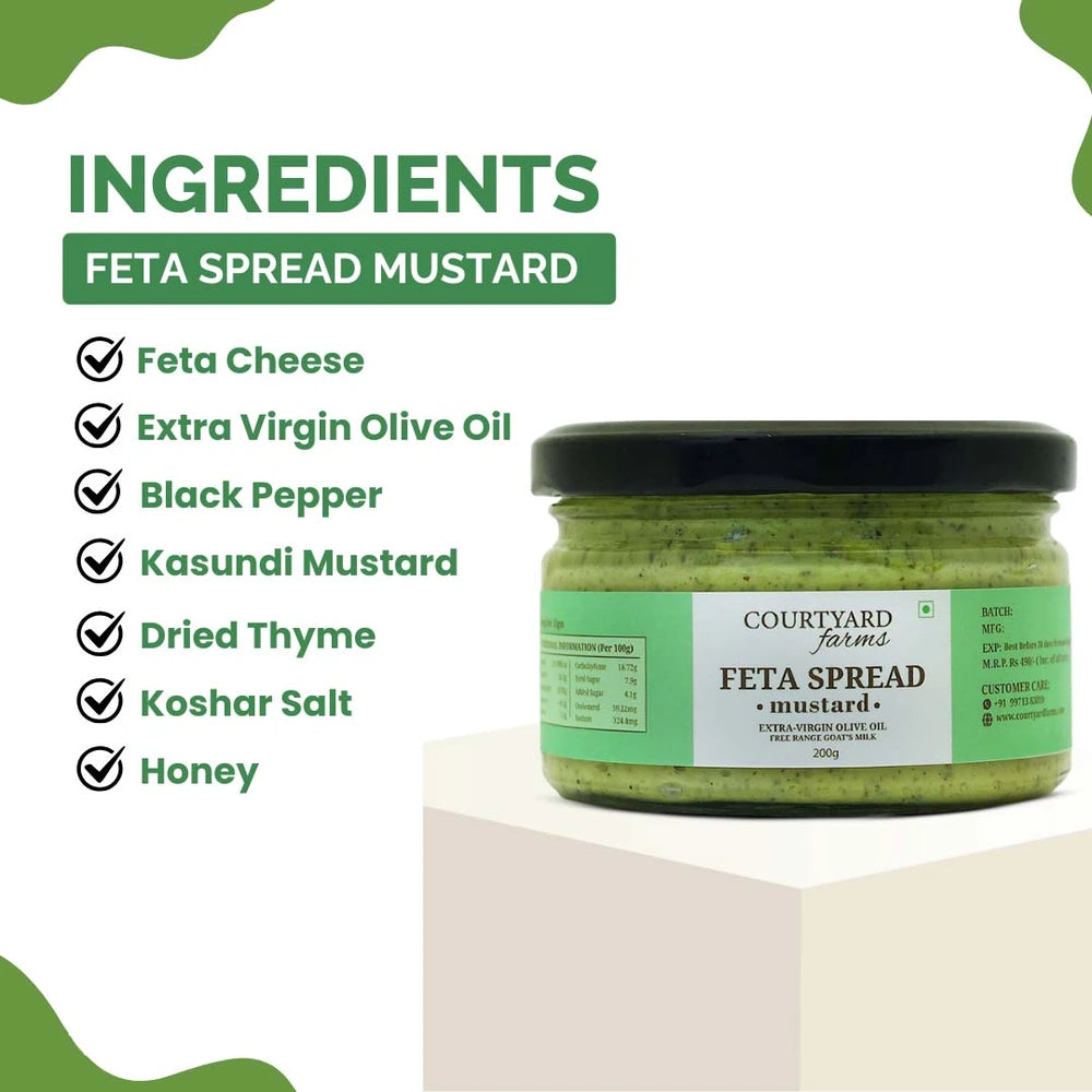 Jar of feta spread mustard with a list of ingredients on a white background