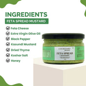 Jar of feta spread mustard with a list of ingredients on a white background
