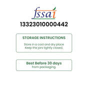 FSSAI label with contact number, storage instructions, and best before date on a white background