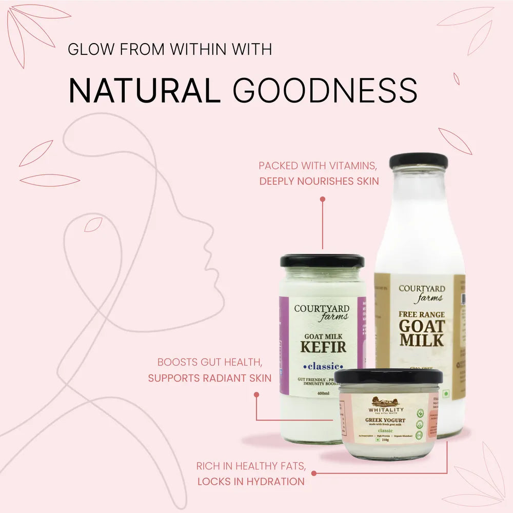 Product display of Courtyard Farms goat milk kefir, yogurt, and cream with text on a pink background.