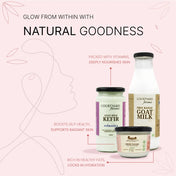 Product display of Courtyard Farms goat milk kefir, yogurt, and cream with text on a pink background.