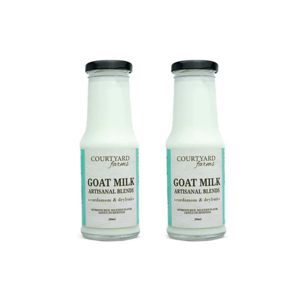 Courtyard Farms flavored goat milk cardamom and dry fruits 200ml glass bottle healthy milk drink easy to digest