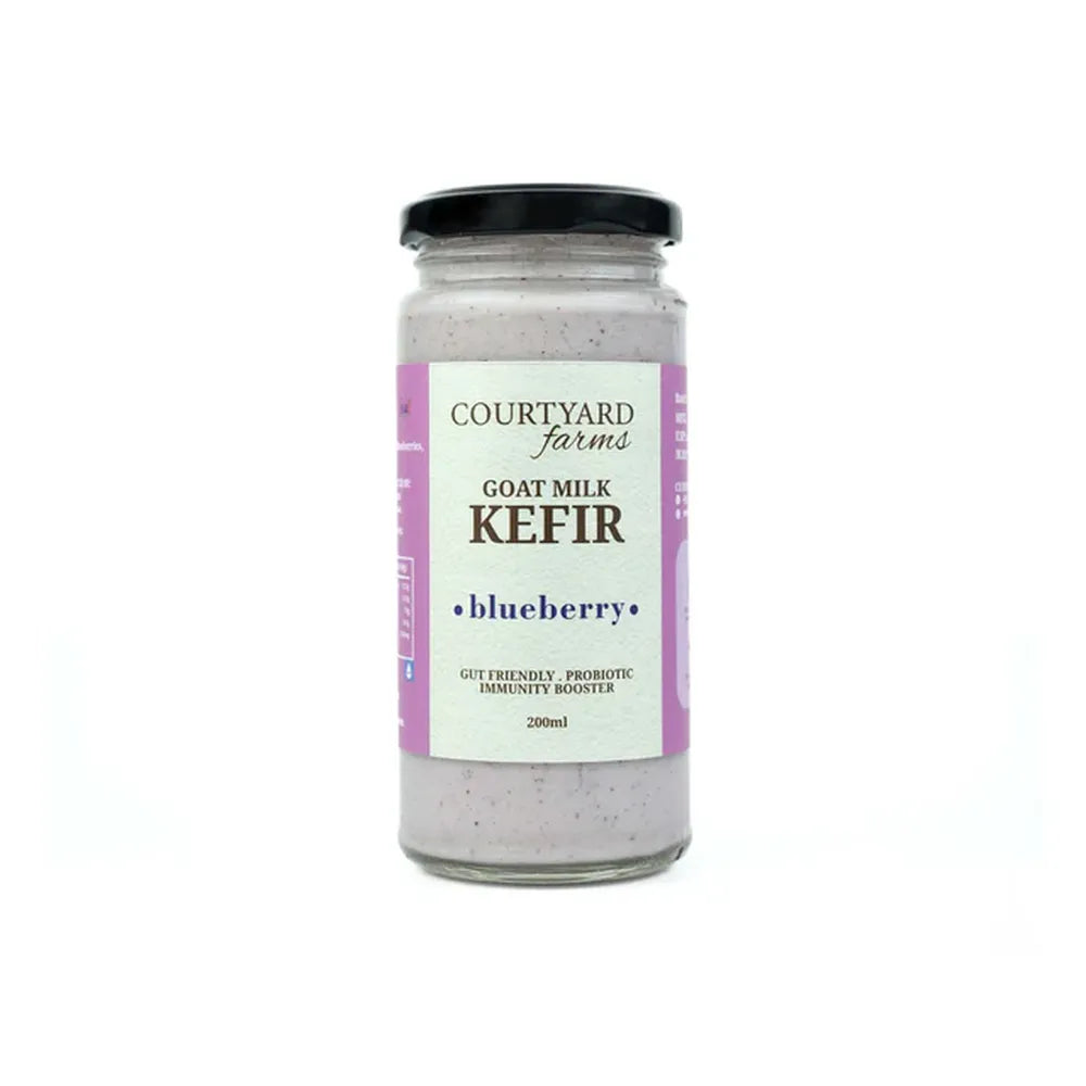 Courtyard Farms goat milk kefir blueberry probiotic drink 200ml gut friendly lactose easy to digest dairy in glass bottle”