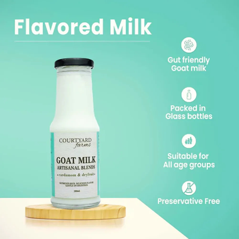 flavored goat milk benefits gut friendly easy digestion preservative free glass bottle Courtyard Farms