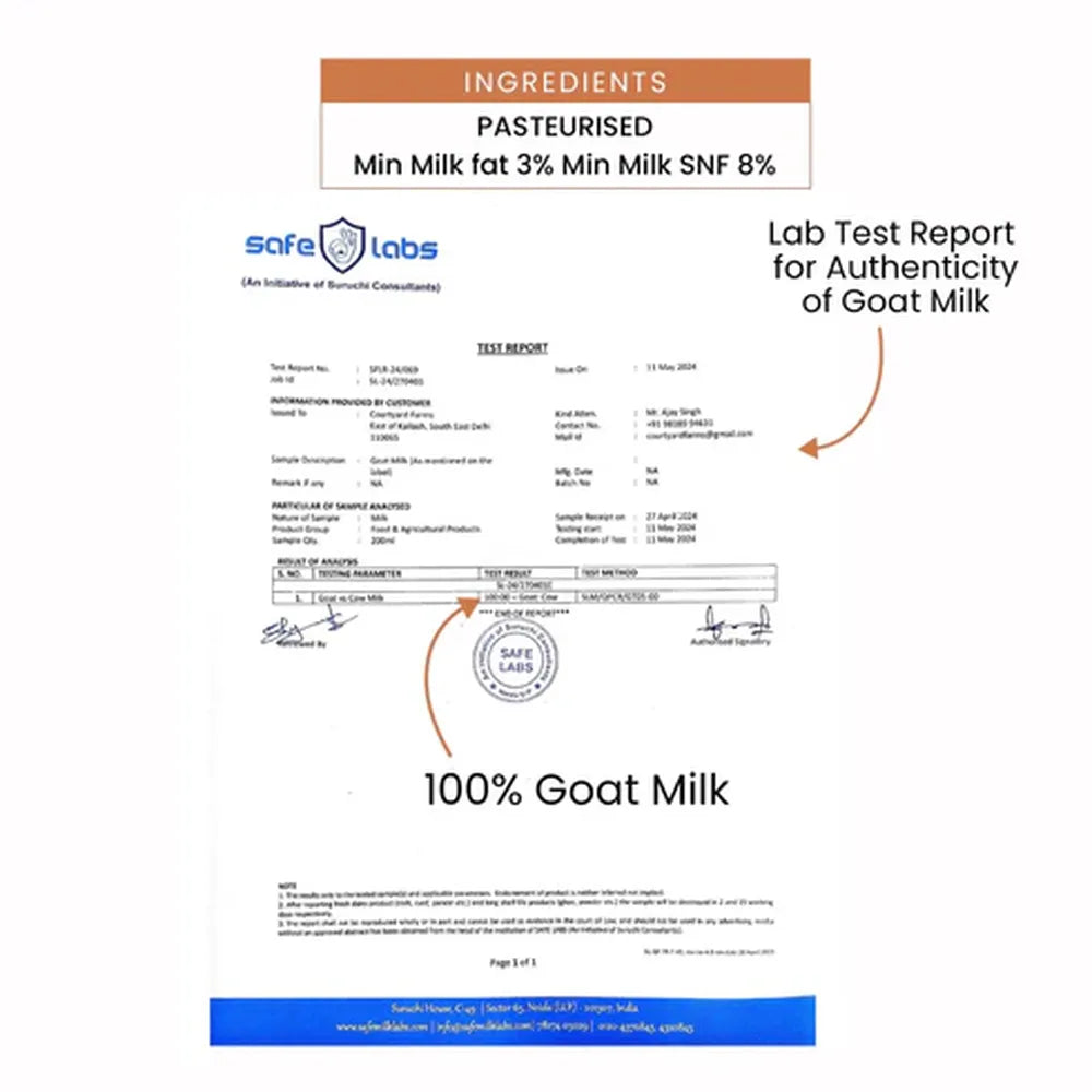 lab tested goat milk quality report FSSAI certified pure goat milk Courtyard Farms
