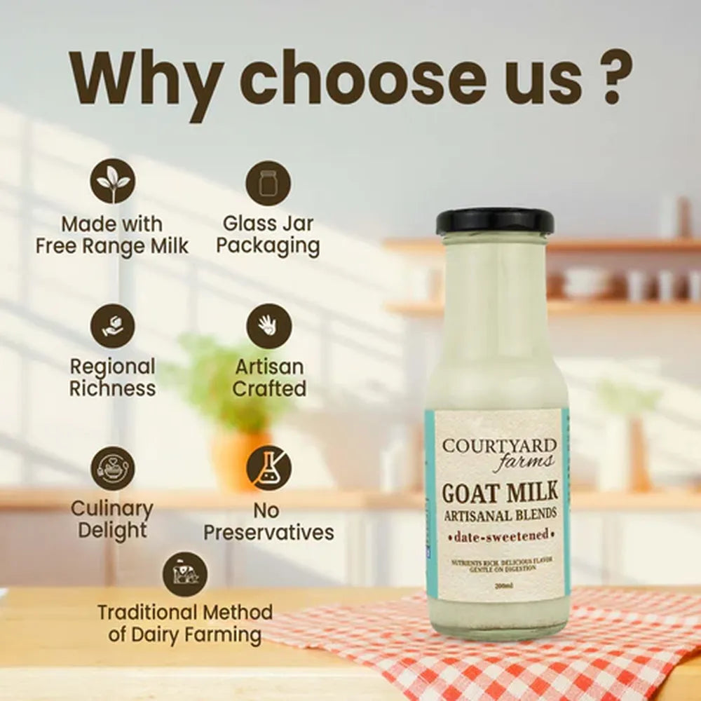 why choose goat milk free range milk glass bottle packaging no preservatives natural dairy Courtyard Farms